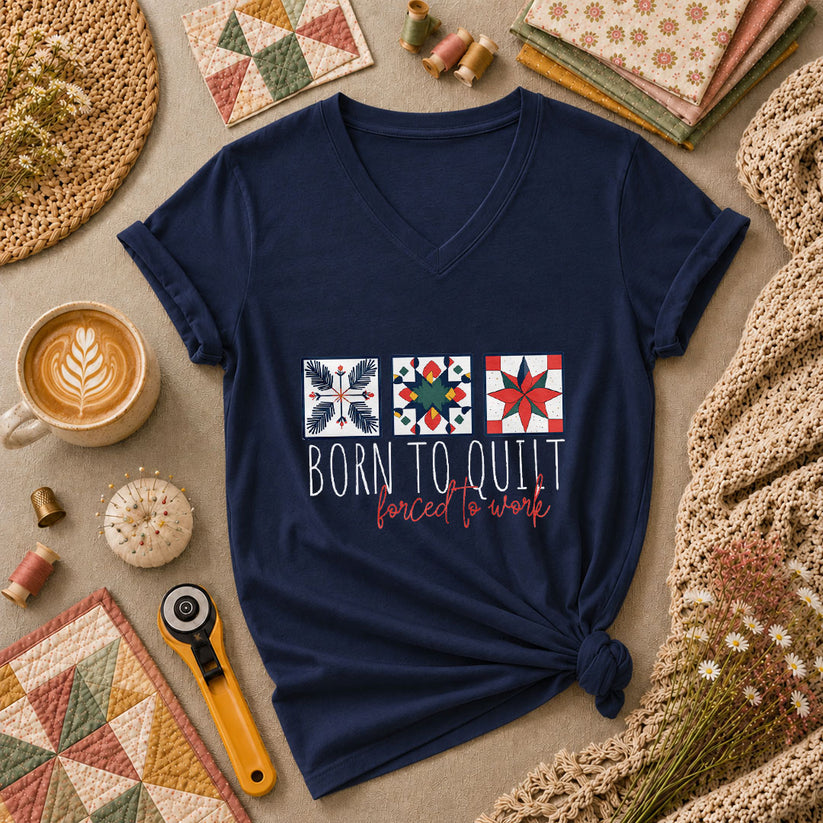 Born To Quilt Forced To Work Quilt Blocks Women's V-Neck - Navy