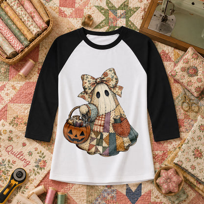 Bow Ghost With Pumpkin Sewing Basket Raglan Sleeve - Black