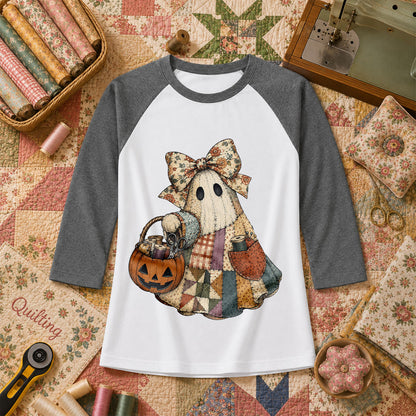 Bow Ghost With Pumpkin Sewing Basket Raglan Sleeve - Deep Heather