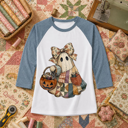 Bow Ghost With Pumpkin Sewing Basket Raglan Sleeve - Denim