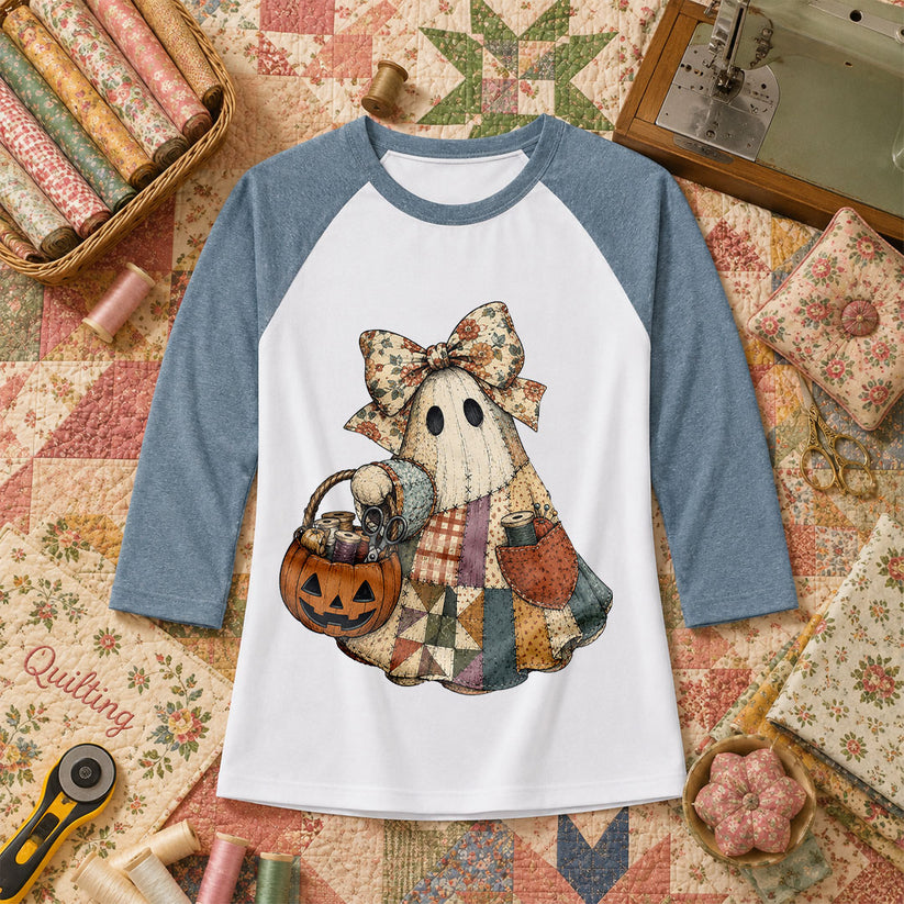 Bow Ghost With Pumpkin Sewing Basket Raglan Sleeve - Denim