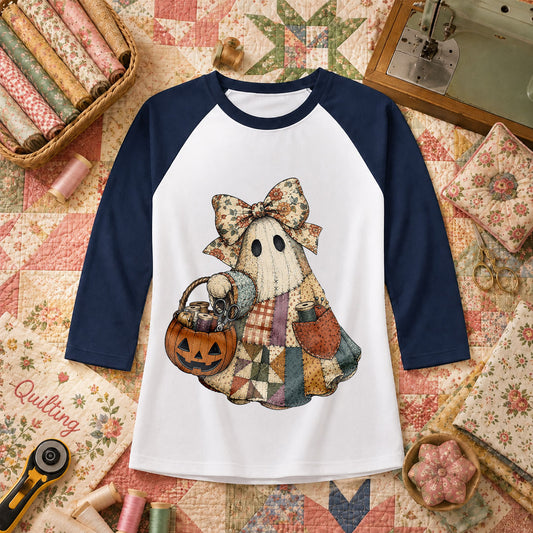 Bow Ghost With Pumpkin Sewing Basket Raglan Sleeve - Navy