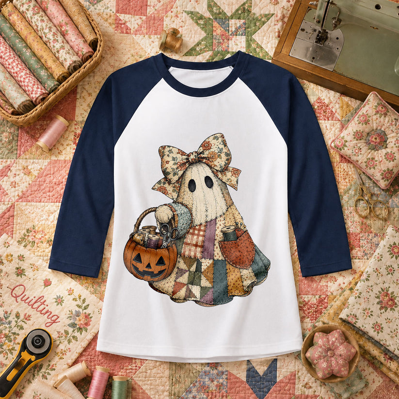 Bow Ghost With Pumpkin Sewing Basket Raglan Sleeve - Navy