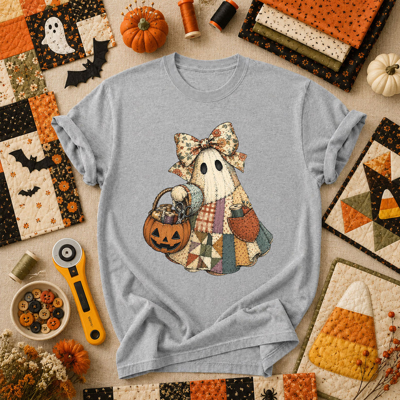 Bow Ghost With Pumpkin Sewing Basket T-Shirt - Athletic Heather
