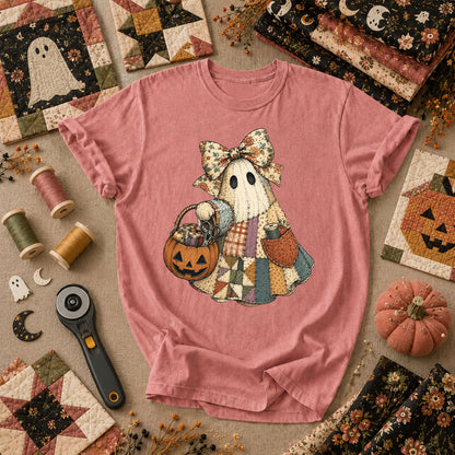 Bow Ghost With Pumpkin Sewing Basket T-Shirt - Heather Mauve