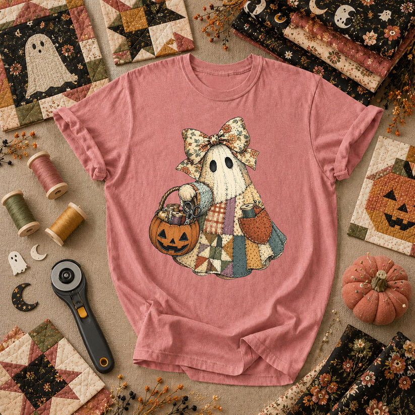 Bow Ghost With Pumpkin Sewing Basket T-Shirt - Heather Mauve