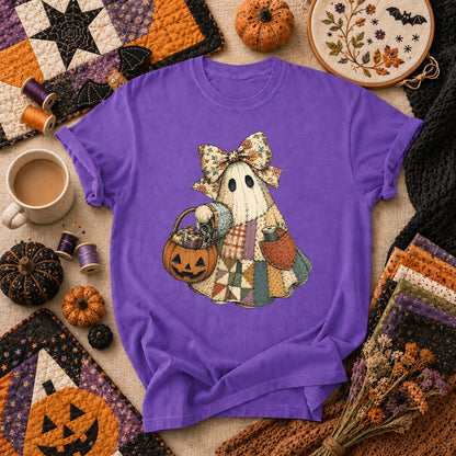 Bow Ghost With Pumpkin Sewing Basket T-Shirt - Heather Team Purple