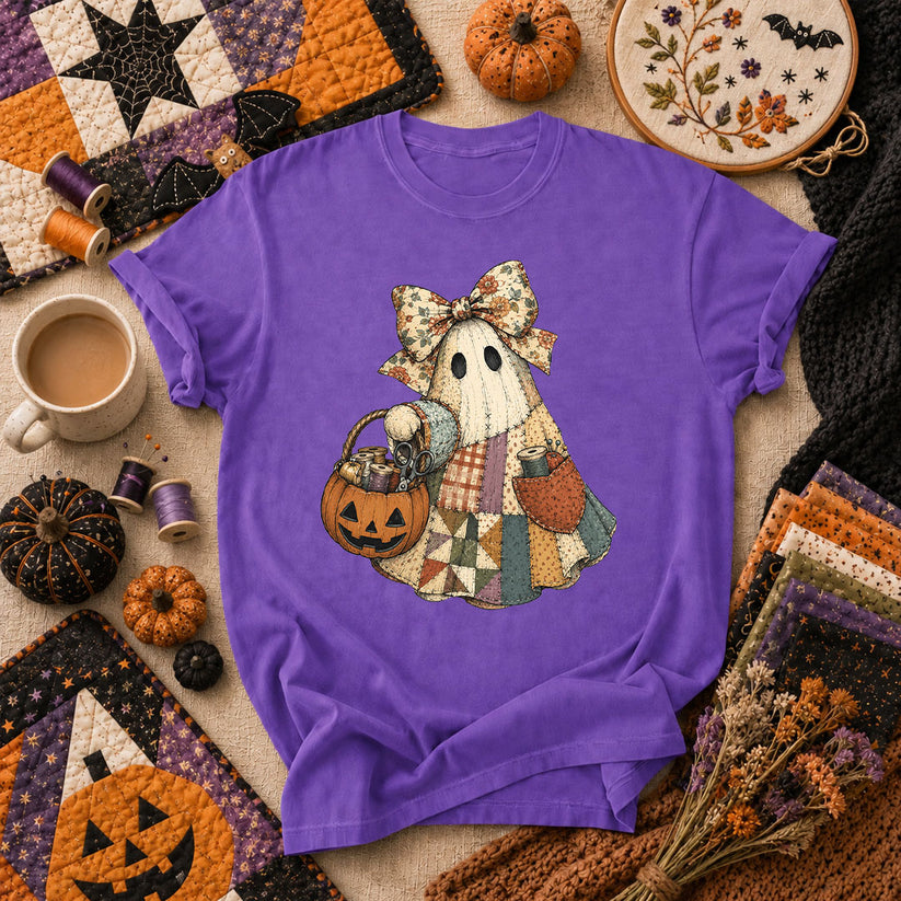 Bow Ghost With Pumpkin Sewing Basket T-Shirt - Heather Team Purple