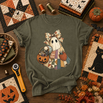 Bow Ghost With Pumpkin Sewing Basket T-Shirt - Military Green