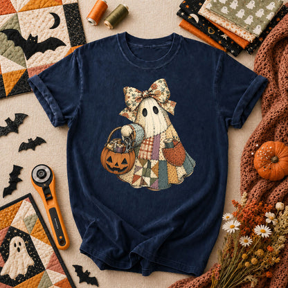 Bow Ghost With Pumpkin Sewing Basket T-Shirt - Navy