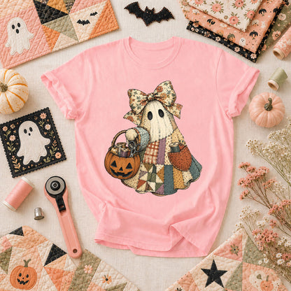 Bow Ghost With Pumpkin Sewing Basket T-Shirt - Pink