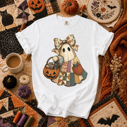 Bow Ghost With Pumpkin Sewing Basket T-Shirt - White