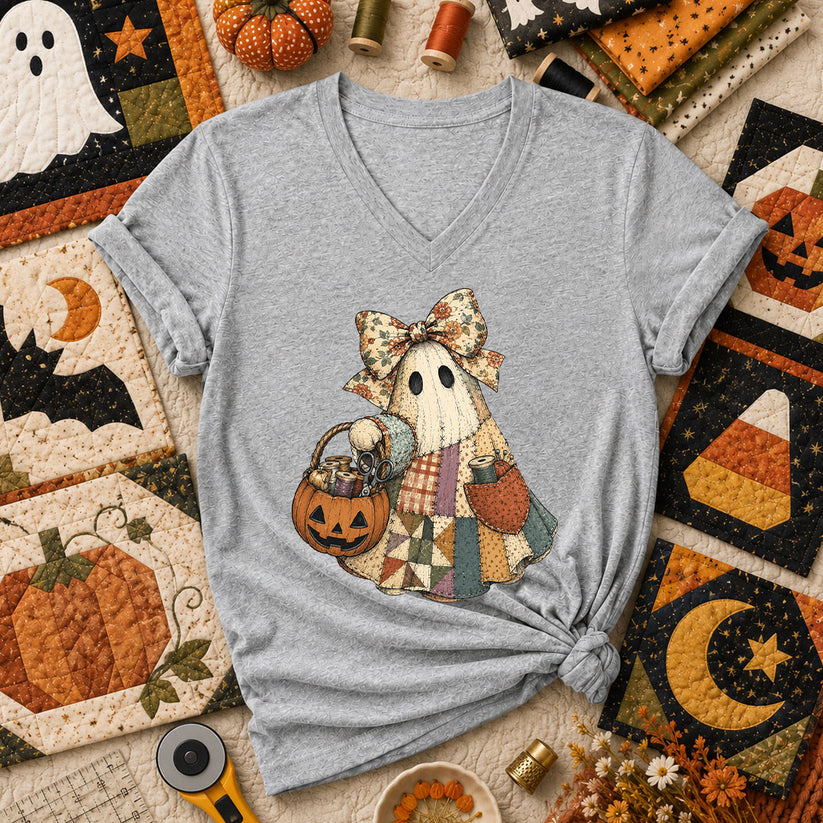 Bow Ghost With Pumpkin Sewing Basket Women's V-Neck - Athletic Heather