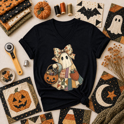 Bow Ghost With Pumpkin Sewing Basket Women's V-Neck - Black