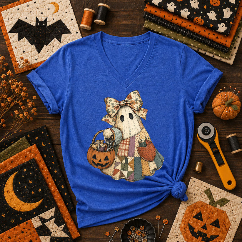 Bow Ghost With Pumpkin Sewing Basket Women's V-Neck - Heather True Royal