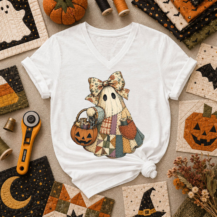 Bow Ghost With Pumpkin Sewing Basket Women's V-Neck - White