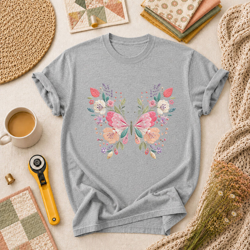 Butterfly Wildflower Embroidery Floral T-Shirt - Athletic Heather