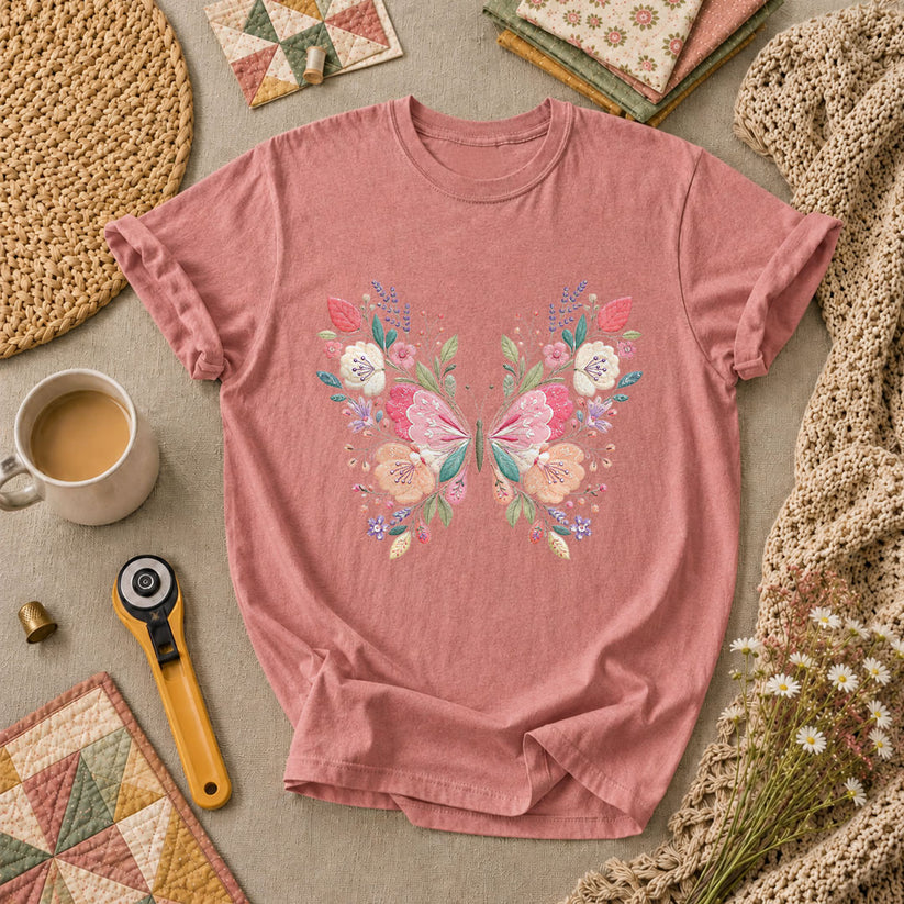 Butterfly Wildflower Embroidery Floral T-Shirt - Heather Mauve