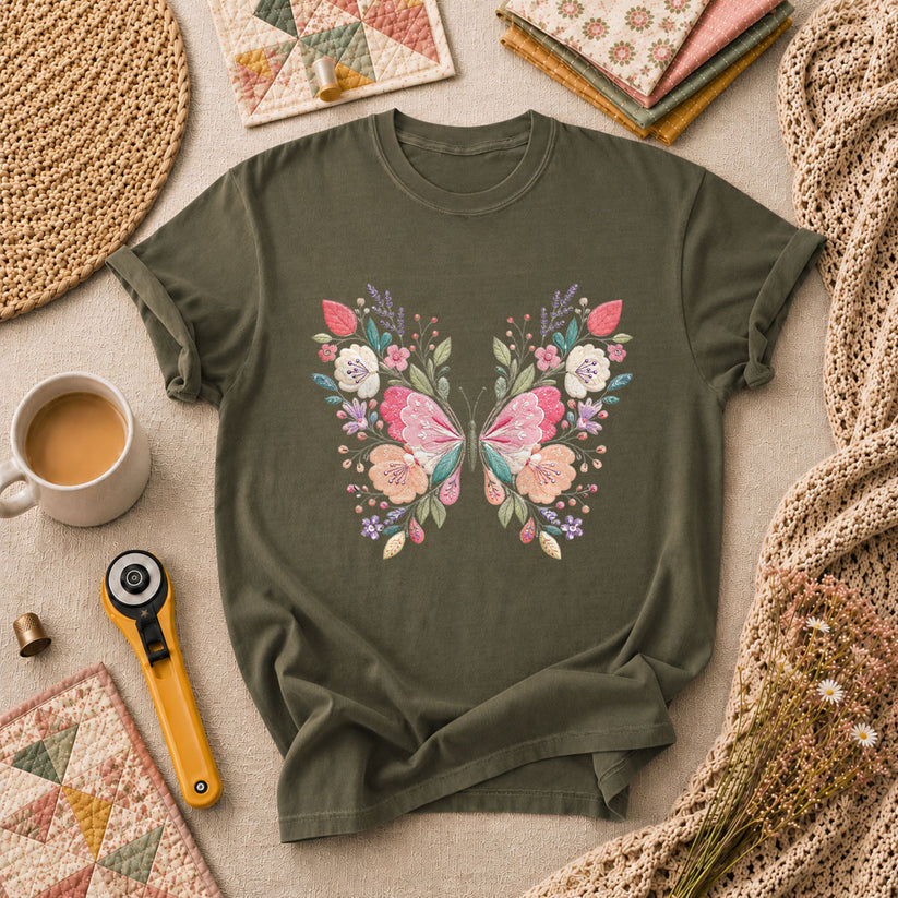 Butterfly Wildflower Embroidery Floral T-Shirt - Military Green