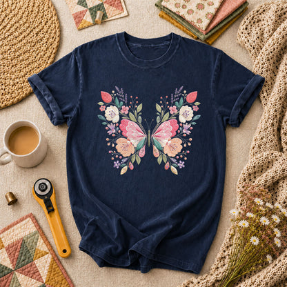 Butterfly Wildflower Embroidery Floral T-Shirt - Navy