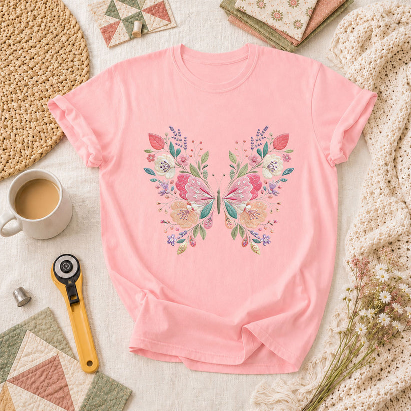Butterfly Wildflower Embroidery Floral T-Shirt - Pink