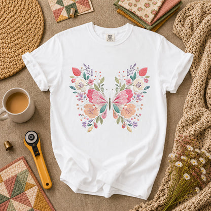 Butterfly Wildflower Embroidery Floral T-Shirt - White