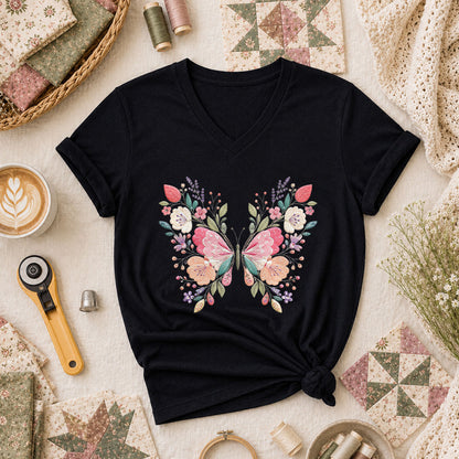 Butterfly Wildflower Embroidery Floral Women's V-Neck - Black