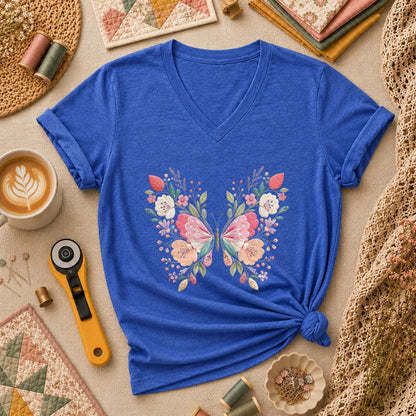 Butterfly Wildflower Embroidery Floral Women's V-Neck - Heather True Royal