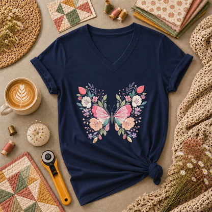 Butterfly Wildflower Embroidery Floral Women's V-Neck - Navy