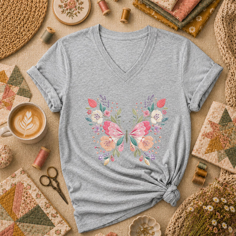 Butterfly Wildflower Embroidery Floral Women's V-Neck - Sport Grey