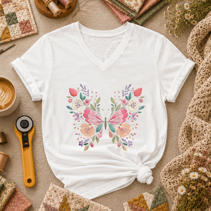Butterfly Wildflower Embroidery Floral Women's V-Neck - White