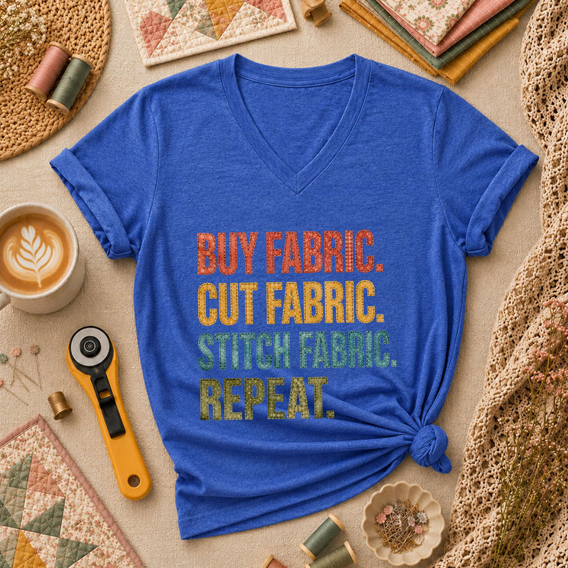 Buy Fabric Cut Fabric Stitch Fabric Repeat Women's V-Neck - Heather True Royal
