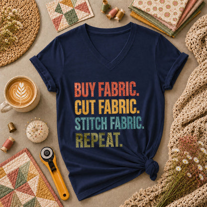 Buy Fabric Cut Fabric Stitch Fabric Repeat Women's V-Neck - Navy