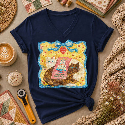 Cat Blanket Women's V-Neck - Navy