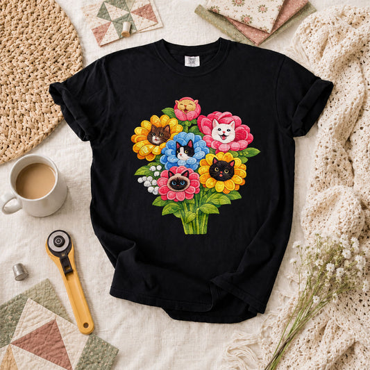 Cat Flower Bouquet Quilter T-Shirt - Black