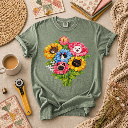 Cat Flower Bouquet Quilter T-Shirt - Forest Green
