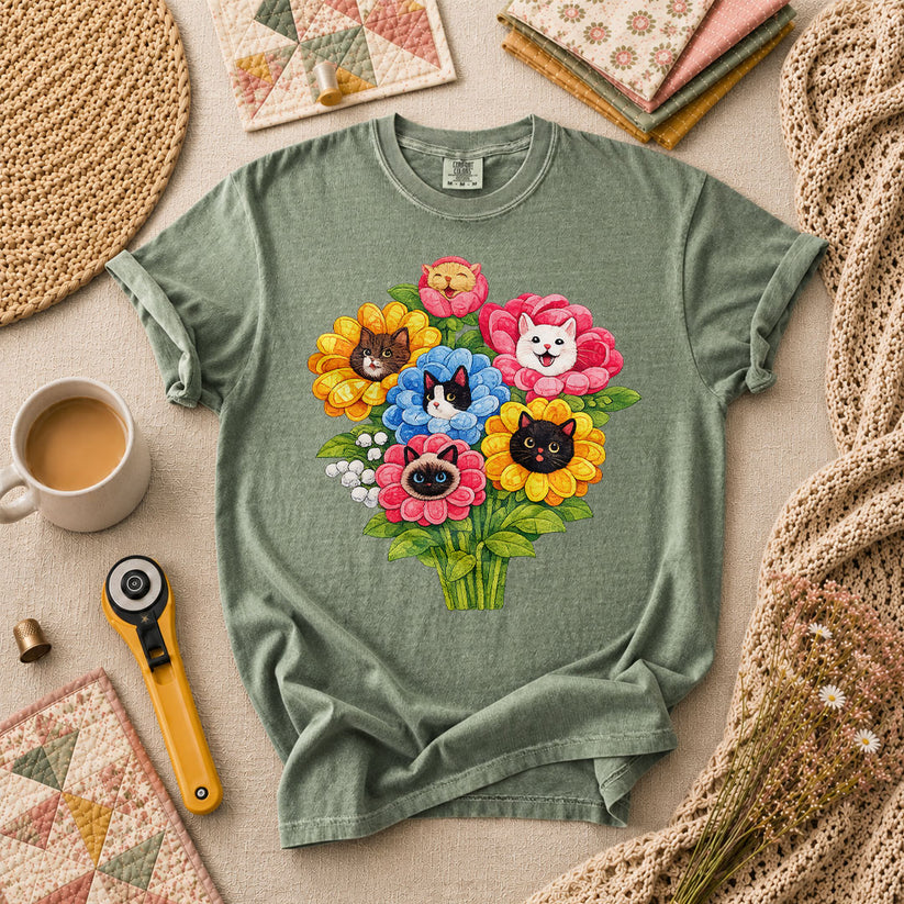 Cat Flower Bouquet Quilter T-Shirt - Forest Green