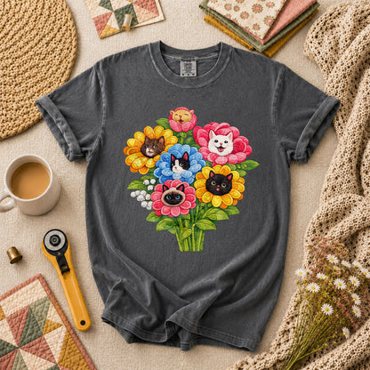 Cat Flower Bouquet Quilter T-Shirt - Grey