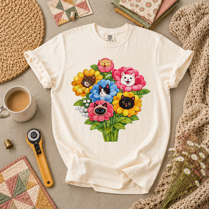 Cat Flower Bouquet Quilter T-Shirt - Ivory