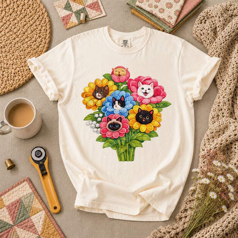 Cat Flower Bouquet Quilter T-Shirt - Ivory