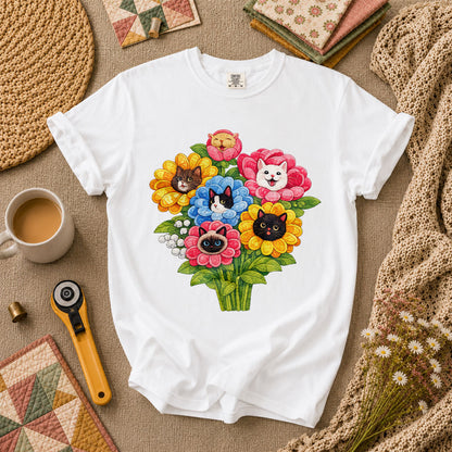 Cat Flower Bouquet Quilter T-Shirt - White
