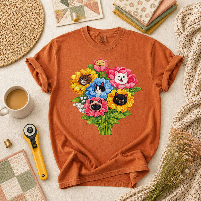 Cat Flower Bouquet Quilter T-Shirt - Yam