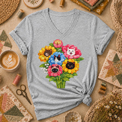 Cat Flower Bouquet Quilter Women's V-Neck - Athletic Heather