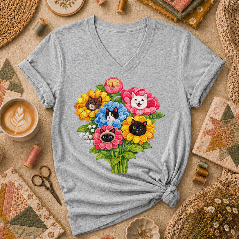 Cat Flower Bouquet Quilter Women's V-Neck - Athletic Heather