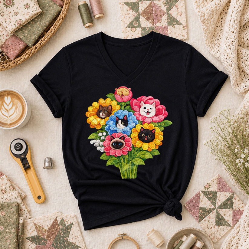 Cat Flower Bouquet Quilter Women's V-Neck - Black