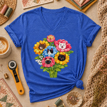 Cat Flower Bouquet Quilter Women's V-Neck - Heather True Royal