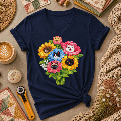 Cat Flower Bouquet Quilter Women's V-Neck - Navy