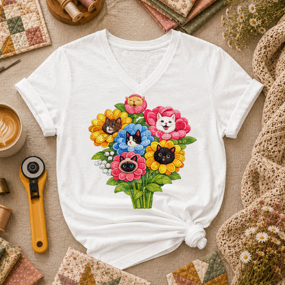 Cat Flower Bouquet Quilter Women's V-Neck - White