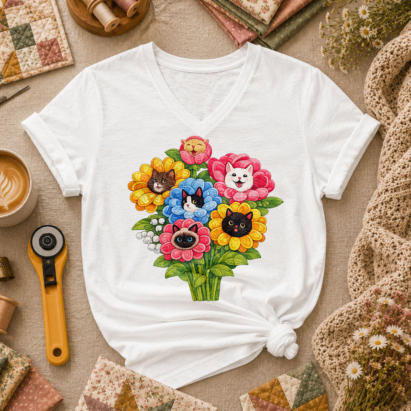 Cat Flower Bouquet Quilter Women's V-Neck - White
