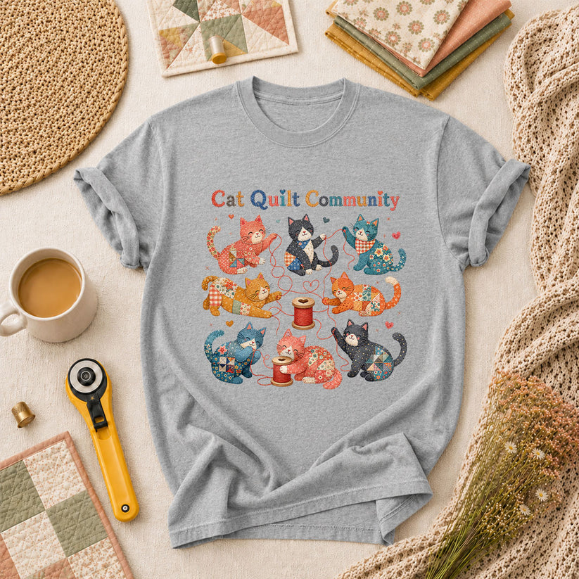 Cat Quilt Community Kittens Fabric T-Shirt - Athletic Heather